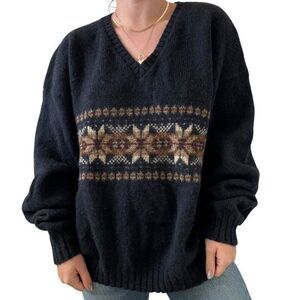 Vintage Eddie Bauer Mens Navy Blue Snowflake Wool V Neck Chunky Sweater XXL